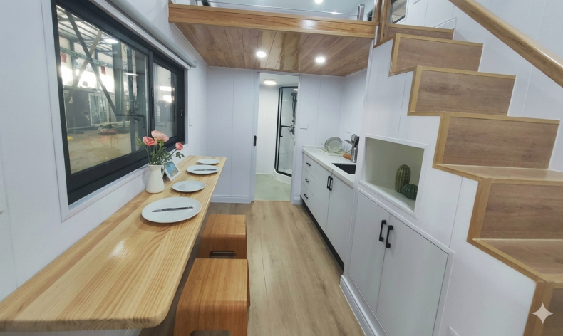 Cider Box kitchen, dining counter and storage stairs