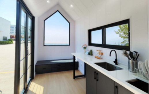 Queensland kitchen with large windows and pitched feature window